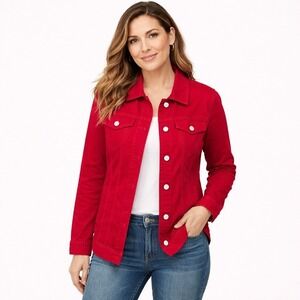 Chicos Red Elongated Velveteen Red Trucker Jacket Womens Size 0 US 4/6 Collared